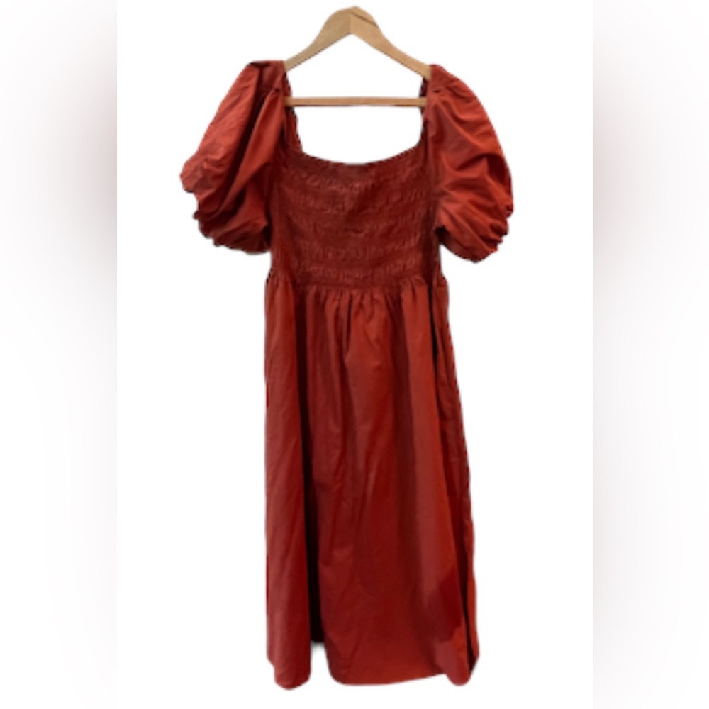 Petal & Pup Womens Size 12 Smocked Midi Dress Bubble Sleeve Burnt Orange Red NWT